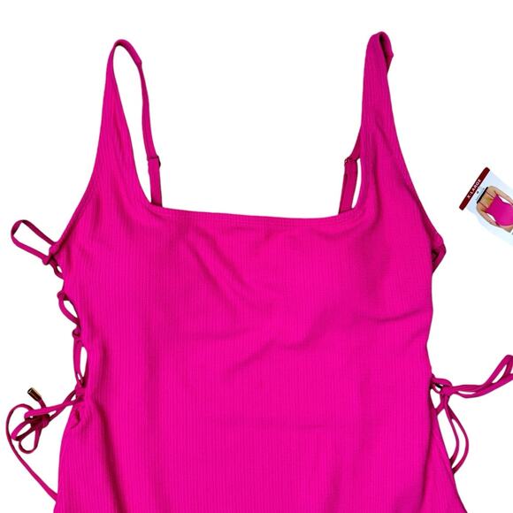Social Standard by Sanctuary NWT Pink Ribbed Side Lace Up One Piece Swimsuit - Picture 5 of 10